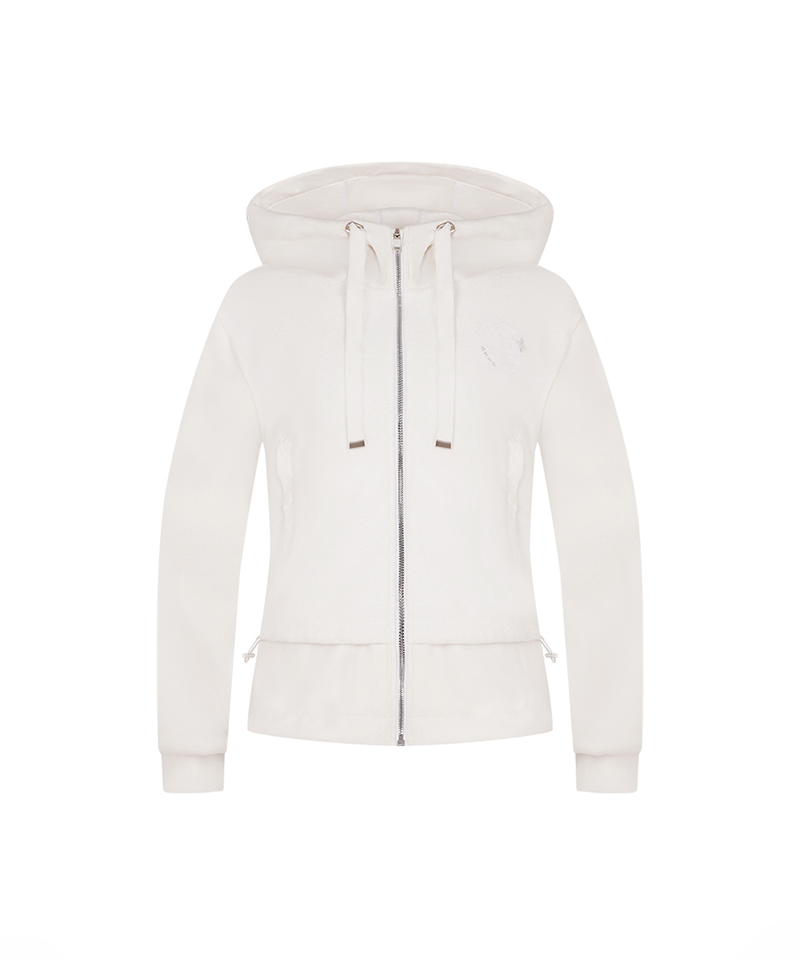 Women's Black Line Embroidery Point Mix Hooded Zip-Up - White