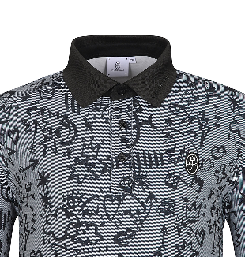 Castelbajac Men's Seasonal Pattern Long-Sleeve Collared T-Shirt - Black