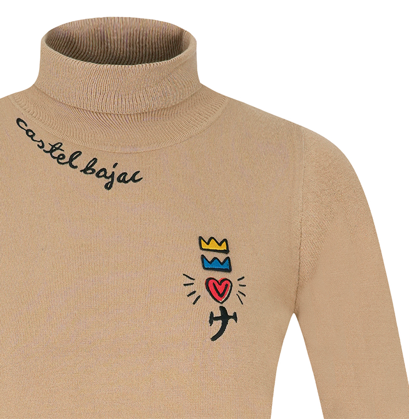 Castelbajac Women's Basic Embroidered Point Mock Neck Knit - Beige