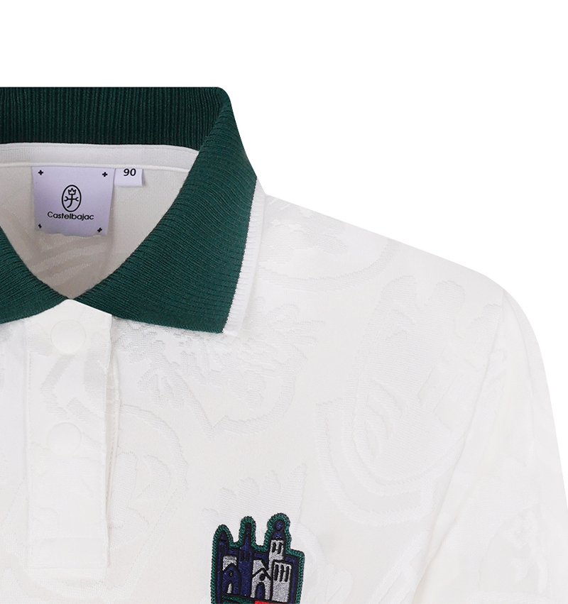 Women's Full-Length Pattern Color Block Collar T-Shirt - White